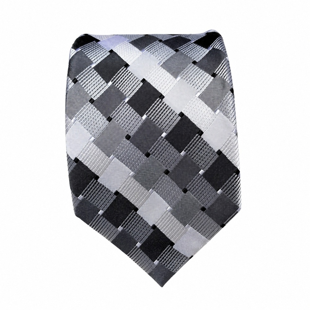 Van Heusen 100% Silk Tie Gray Silver Black Geometric Plaid Mens 59 x 3.25